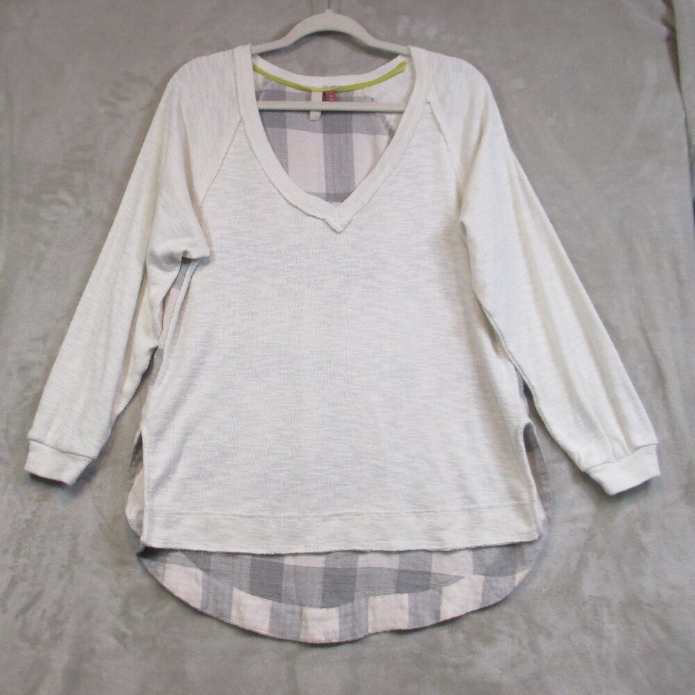 Anthropologie Pilcro Top Women XS V-Neck Cream Gray Plaid Back Relaxed